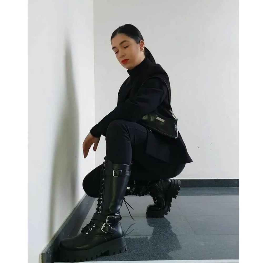 ZARA Black Lace-Up Combat Boots